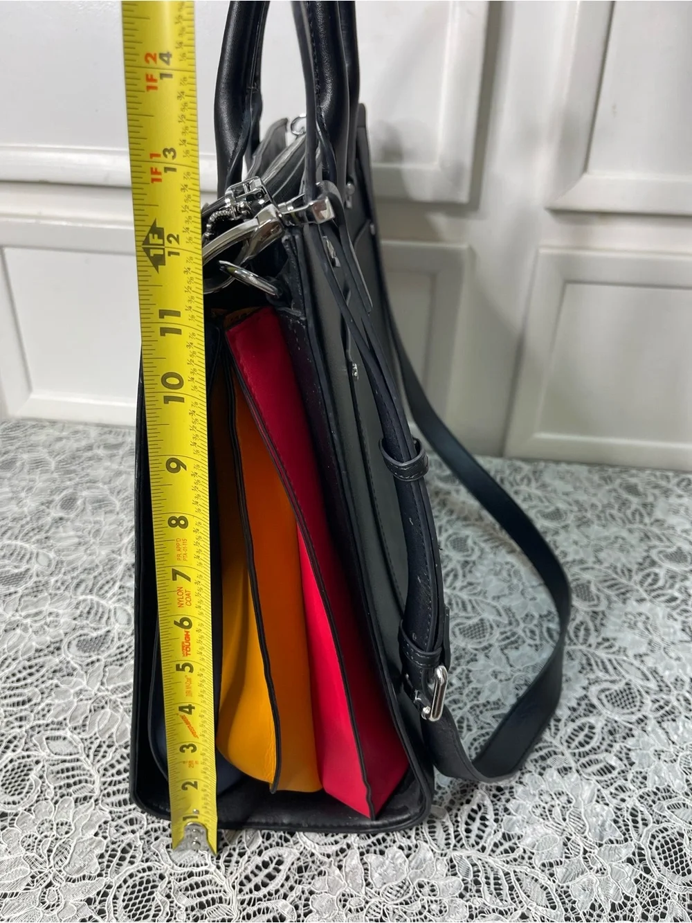 Cluci Black Vegan Leather Laptop Briefcase Shoulder Bag Tote Colorblock Gusset